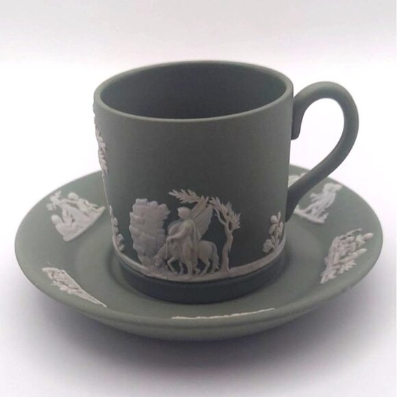 Vintage Wedgwood Sage Green Jasperware Demitasse Cup & Saucer England Porcelain - Picture 1 of 10